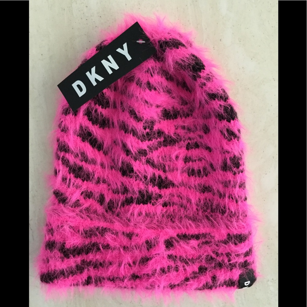DKNY Hat Women’s Leopard Pink & Black Winter Donna Karan New York Beanie New